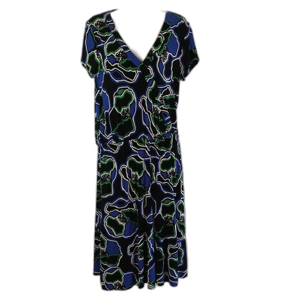 Chicos Travelers Dress Blue Black Floral  Short Sleeve  Sz 8 Artsy Travel Work